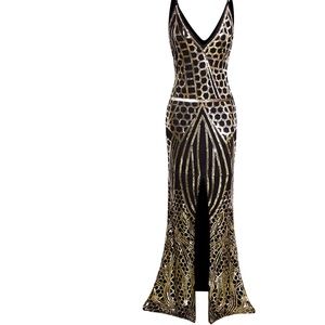 1920s Black and Gold Sequin Mermaid Flapper Dress / Gown